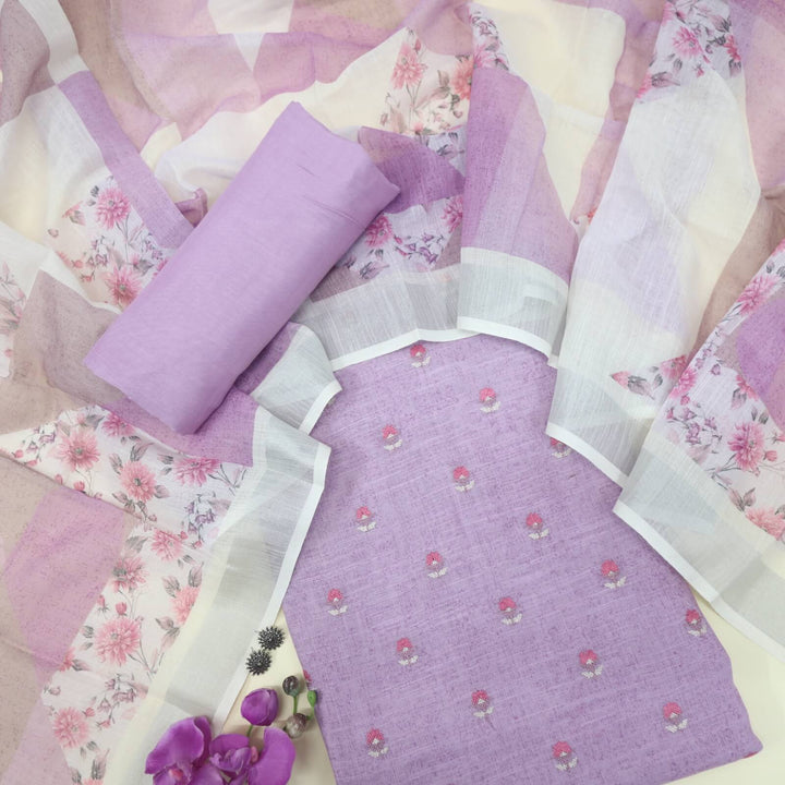 Mahreen Light Mauve Purple Cross Stitch work Cotton Linen Top and Dupatta Set