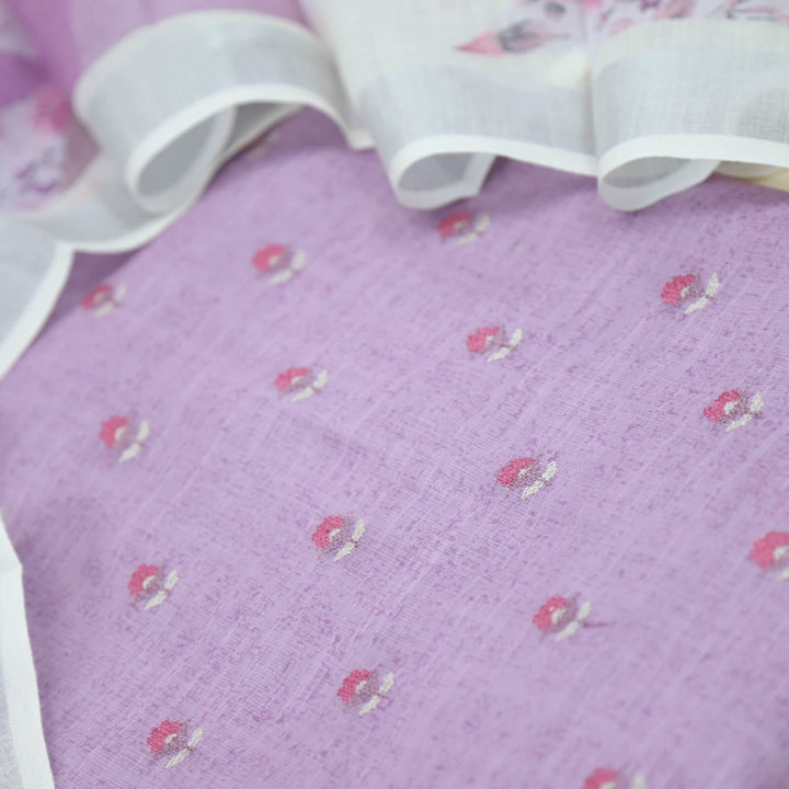 Mahreen Light Mauve Purple Cross Stitch work Cotton Linen Top and Dupatta Set