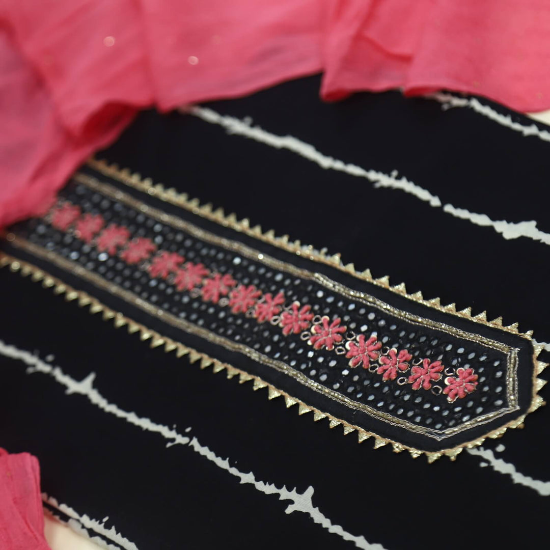 Qabila Black Designer Neck Stripe Printed Cotton Top with Chiffon Dupatta set