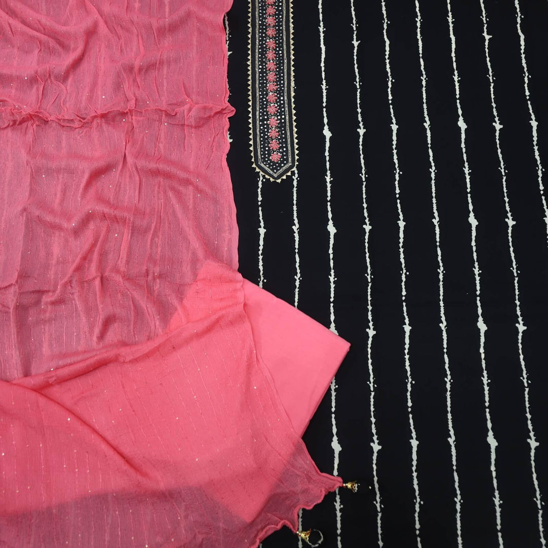 Qabila Black Designer Neck Stripe Printed Cotton Top with Chiffon Dupatta set