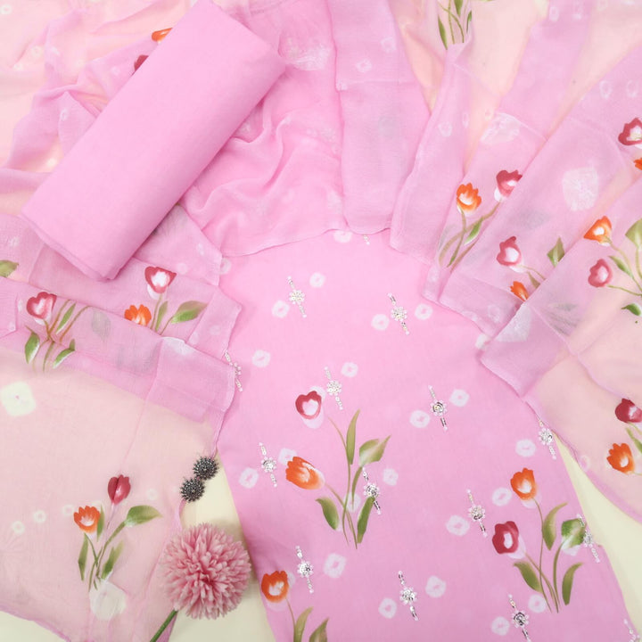 Shimaz Baby Pink Hand Printed Bandhej Cotton Top with Chiffon Dupatta Set