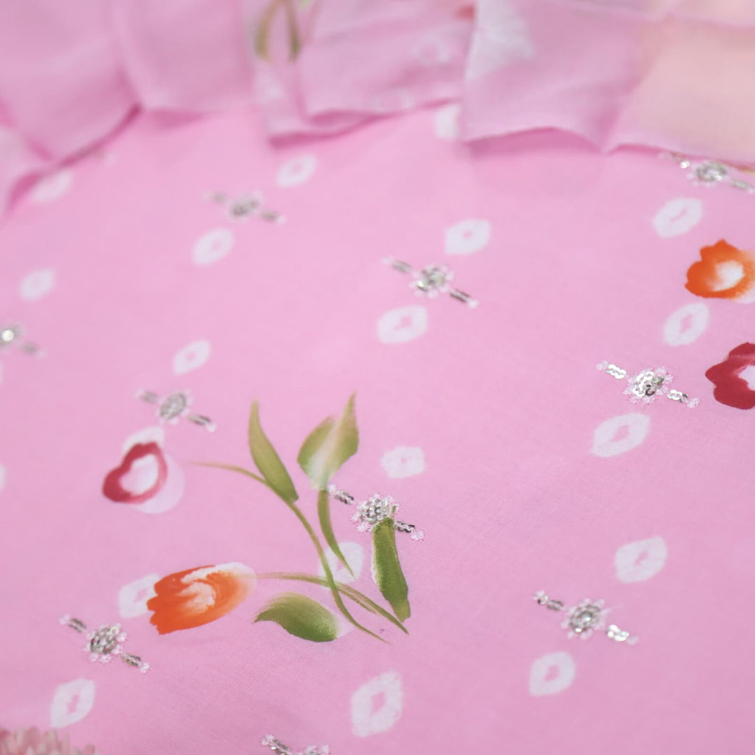 Shimaz Baby Pink Hand Printed Bandhej Cotton Top with Chiffon Dupatta Set