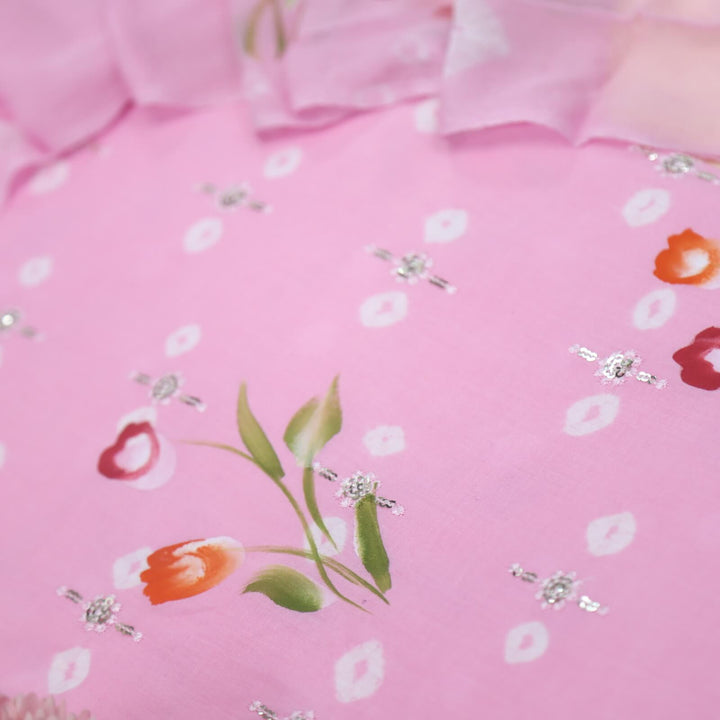 Shimaz Baby Pink Hand Printed Bandhej Cotton Top with Chiffon Dupatta Set