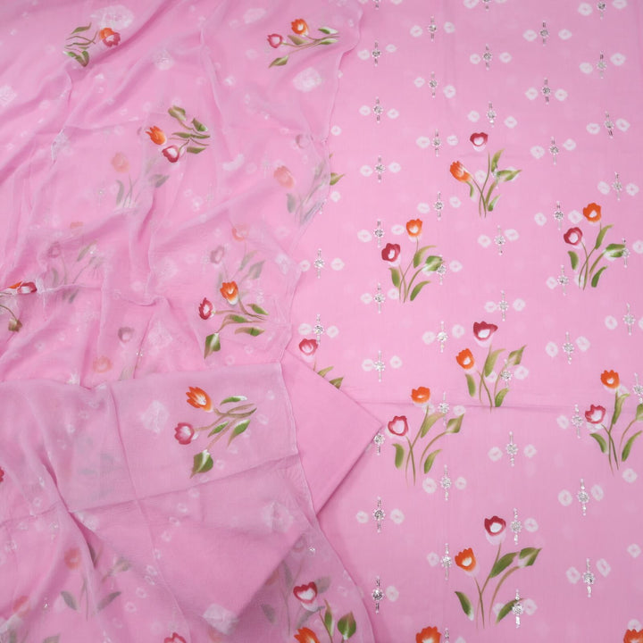 Shimaz Baby Pink Hand Printed Bandhej Cotton Top with Chiffon Dupatta Set