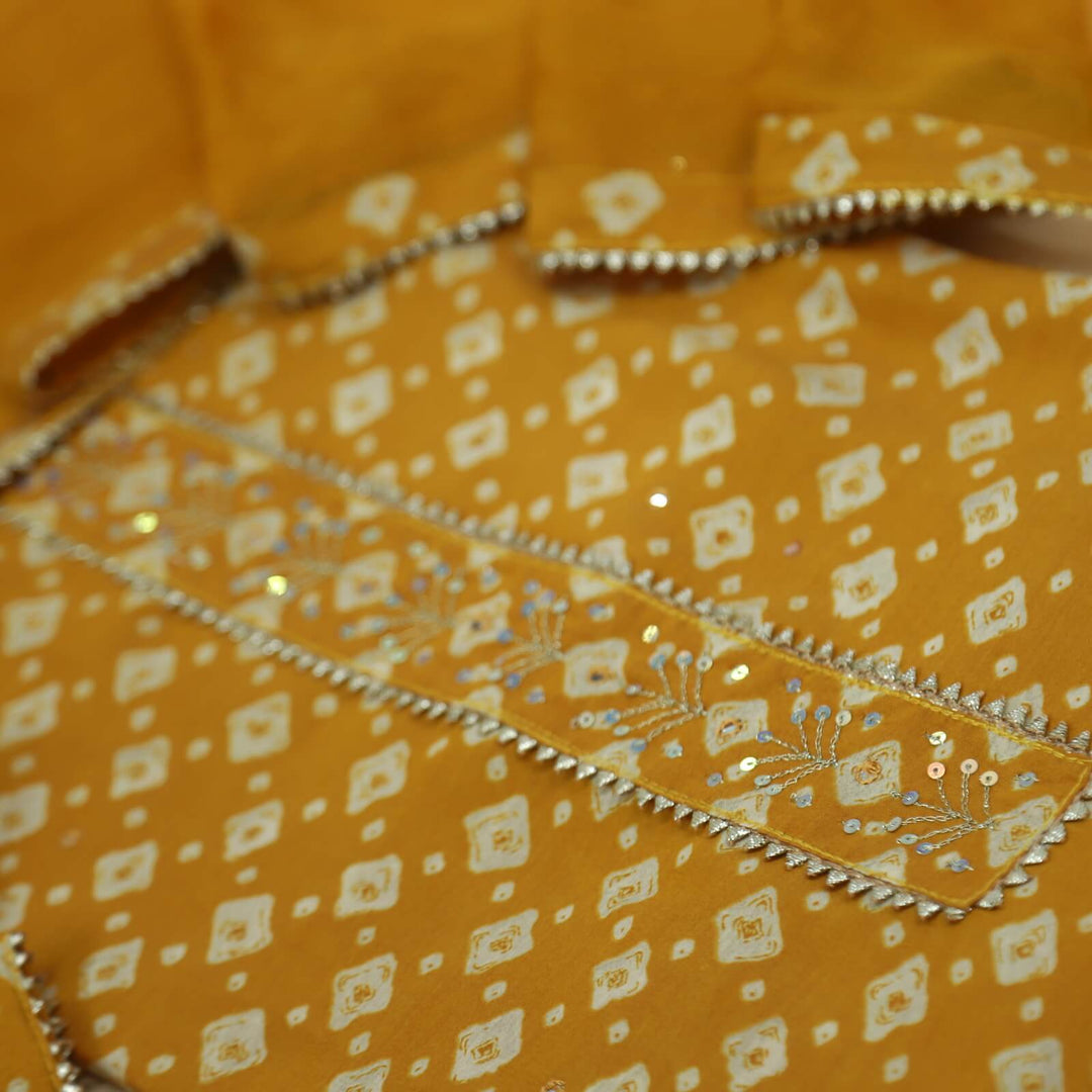 Saddgi Dandelion Yellow Lace Neck Work Muslin Top with Plain Chiffon Dupatta Set