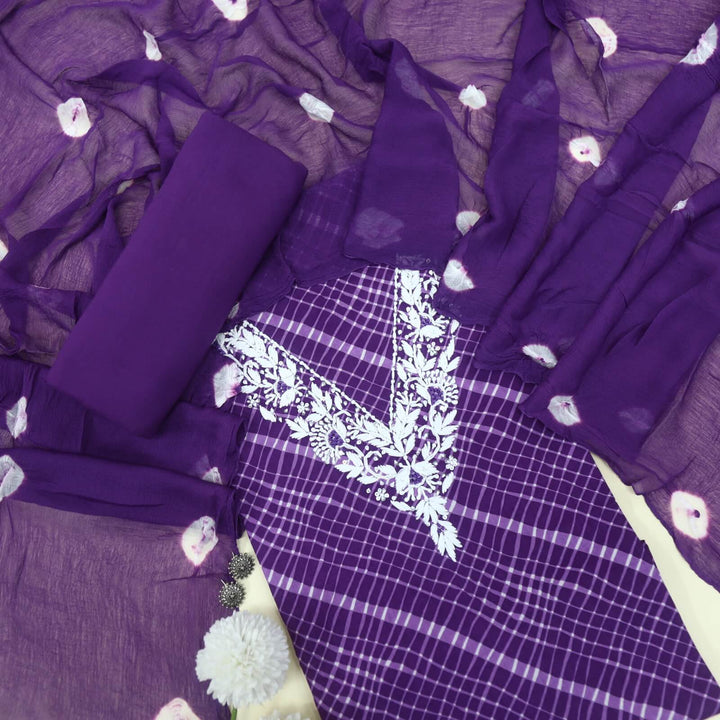 Leher Berry Purple Thread work Cotton Leheriya Top with Bandhej Print Chiffon Dupatta Set