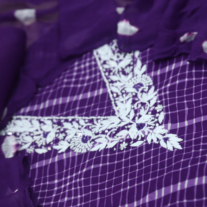 Leher Berry Purple Thread work Cotton Leheriya Top with Bandhej Print Chiffon Dupatta Set