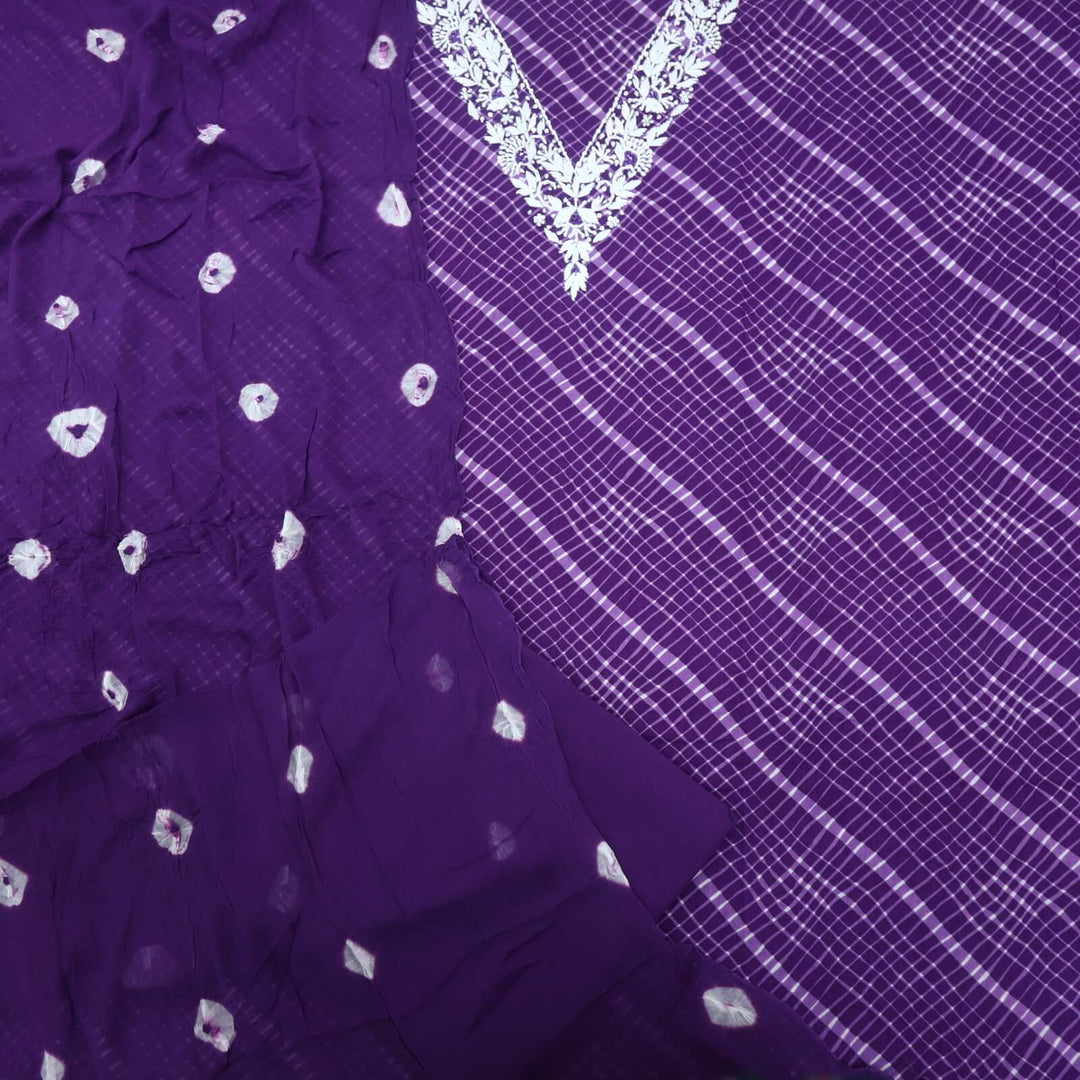 Leher Berry Purple Thread work Cotton Leheriya Top with Bandhej Print Chiffon Dupatta Set