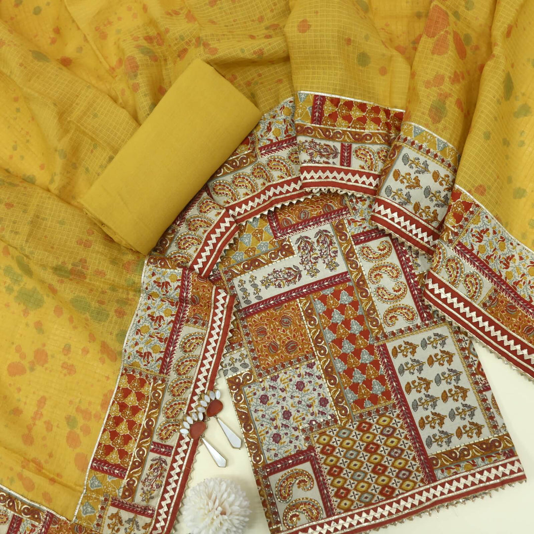 Paasbaan Mustard Yellow Block Print Modal Top with Printed Kota Dupatta Set