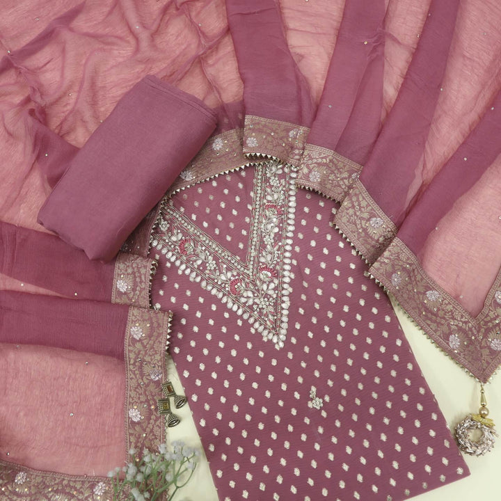Roheen Rouge Pink Embellished V Neck Work Chanderi Top with Chiffon Dupatta Set