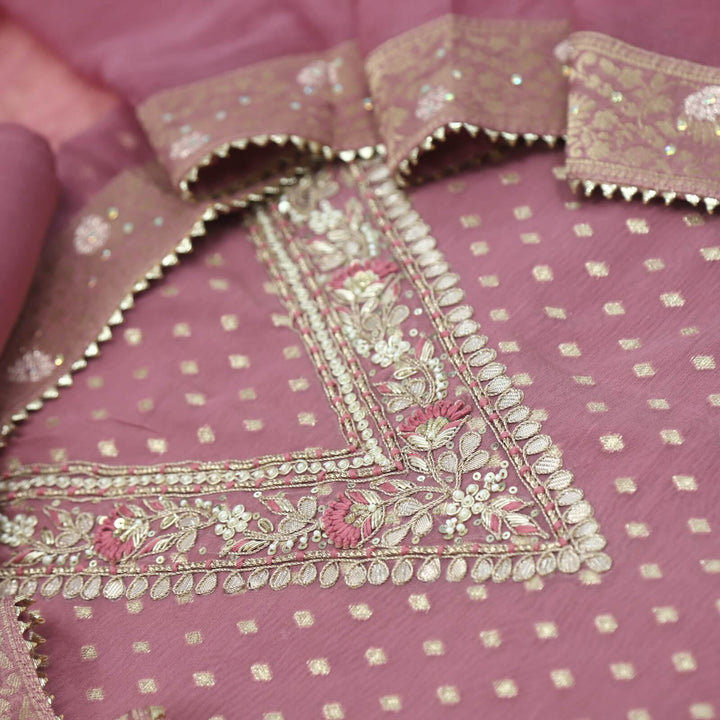 Roheen Rouge Pink Embellished V Neck Work Chanderi Top with Chiffon Dupatta Set
