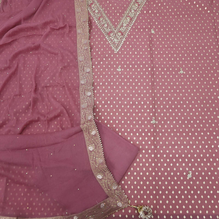 Roheen Rouge Pink Embellished V Neck Work Chanderi Top with Chiffon Dupatta Set