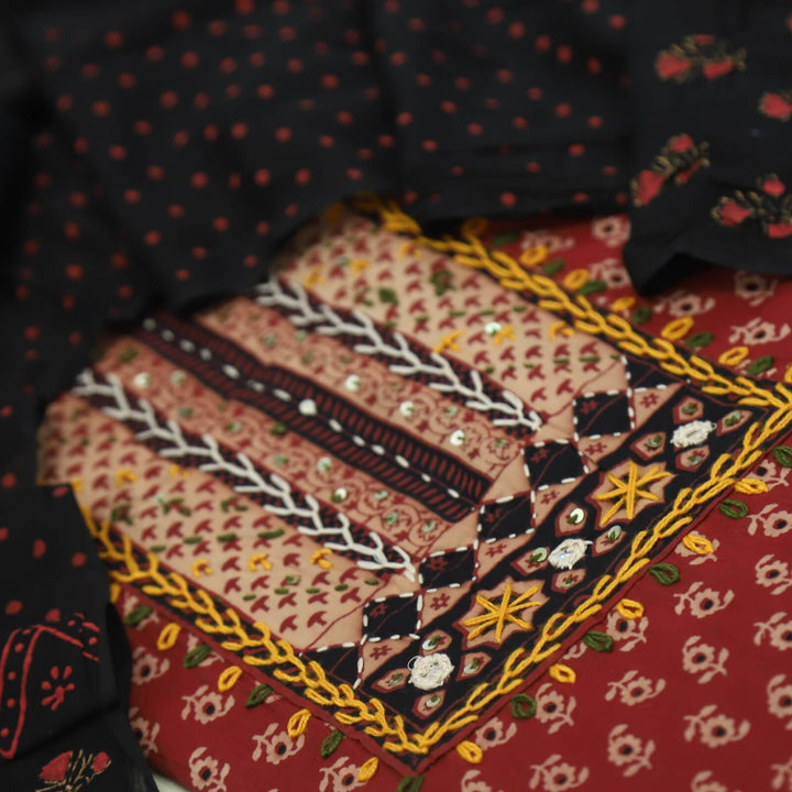 Ravvi Maroon Red Ajrak Print Cotton Top with Printed Cotton Dupatta Set