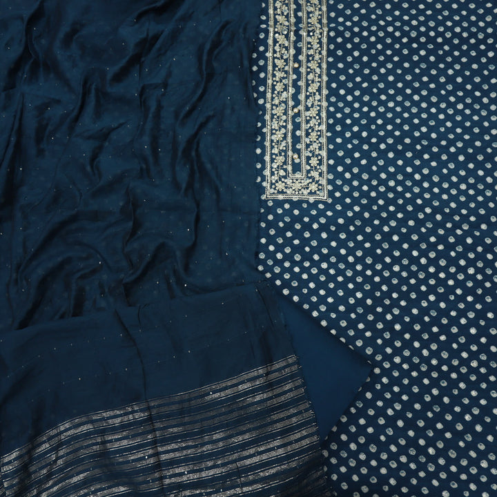Khayaal Space Blue Bandhej Print Muslin Top with Cotton Silk Dupatta Set