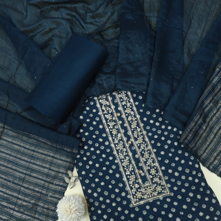 Khayaal Space Blue Bandhej Print Muslin Top with Cotton Silk Dupatta Set