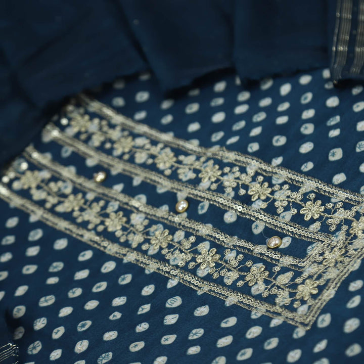 Khayaal Space Blue Bandhej Print Muslin Top with Cotton Silk Dupatta Set