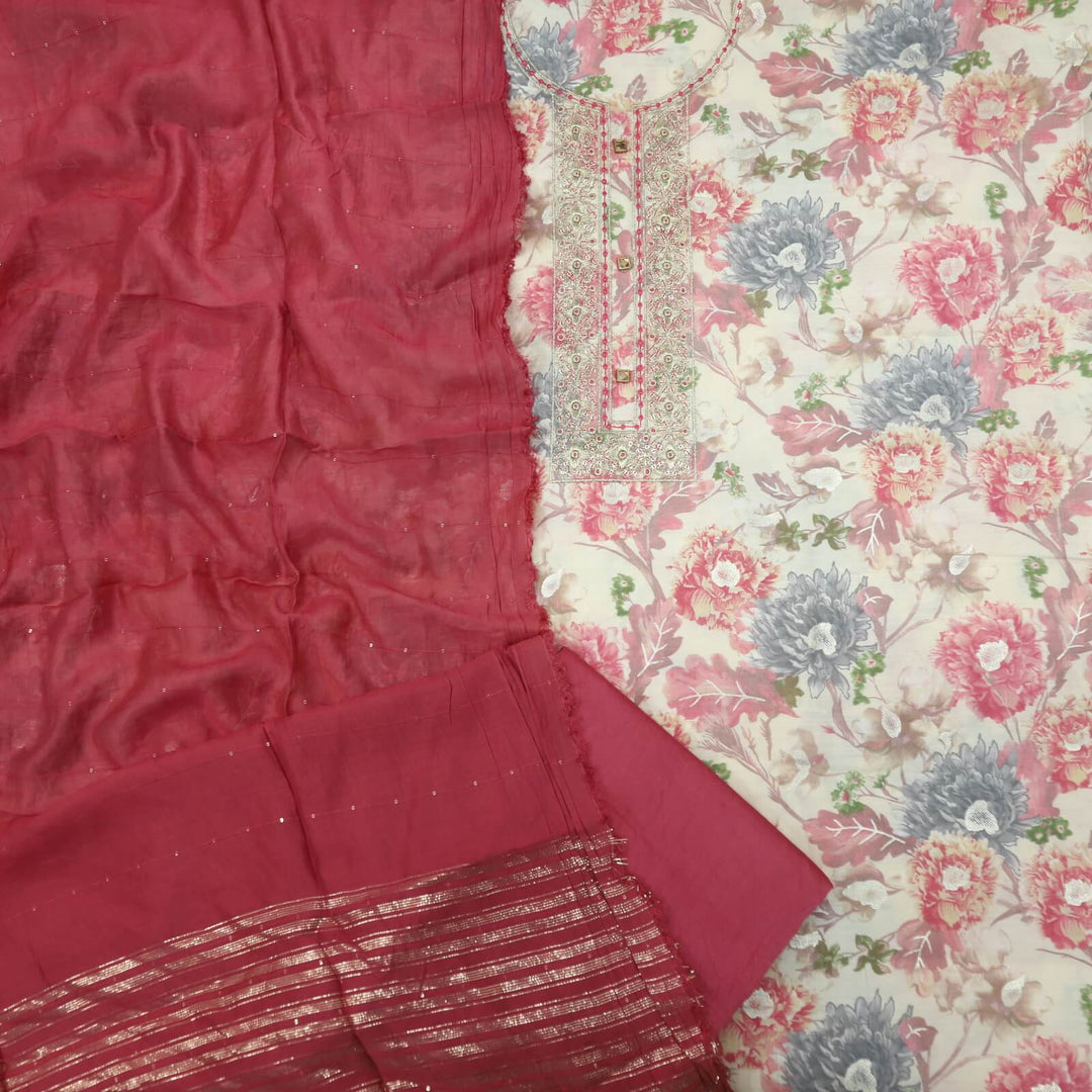Mizaaz Rossy Pink Embellished Neck Floral Printed Muslin Top with Chanderi Silk Dupatta Set