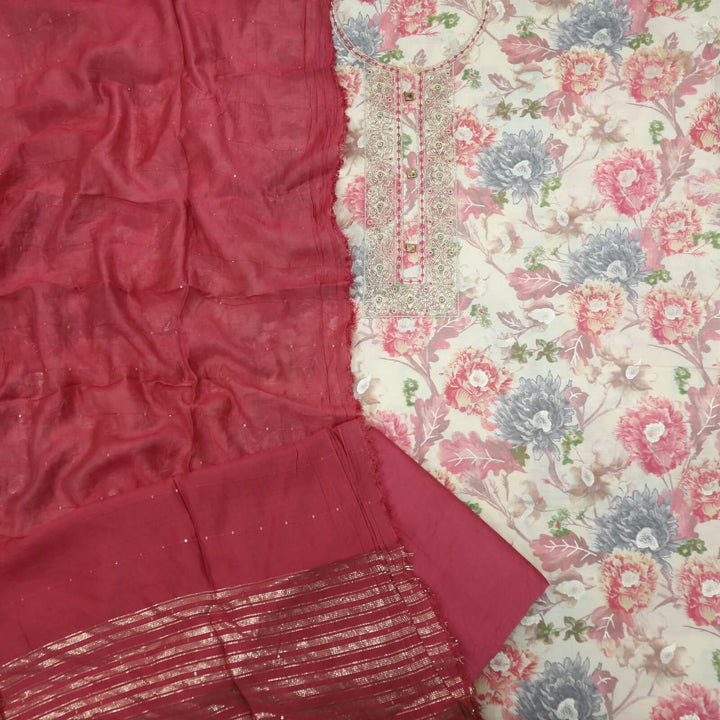 Mizaaz Rossy Pink Embellished Neck Floral Printed Muslin Top with Chanderi Silk Dupatta Set