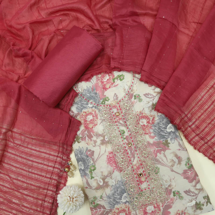 Mizaaz Rossy Pink Embellished Neck Floral Printed Muslin Top with Chanderi Silk Dupatta Set