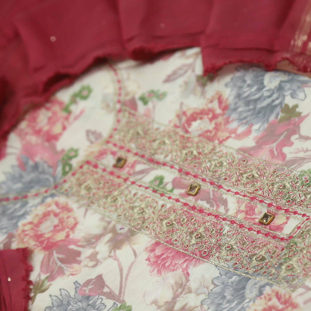 Mizaaz Rossy Pink Embellished Neck Floral Printed Muslin Top with Chanderi Silk Dupatta Set