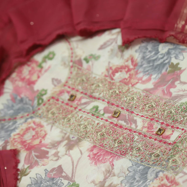 Mizaaz Rossy Pink Embellished Neck Floral Printed Muslin Top with Chanderi Silk Dupatta Set