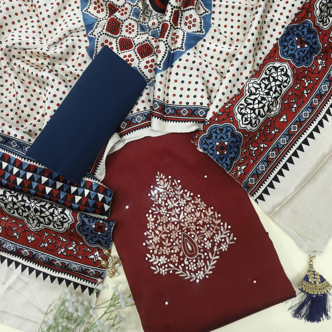 Maasoom Maroon Red Glazed Cotton Top and Mashru Stole Dupatta D1