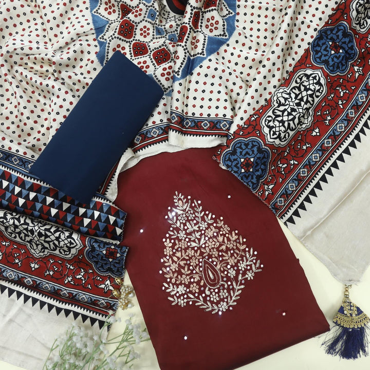 Maasoom Maroon Red Glazed Cotton Top and Mashru Stole Dupatta D1
