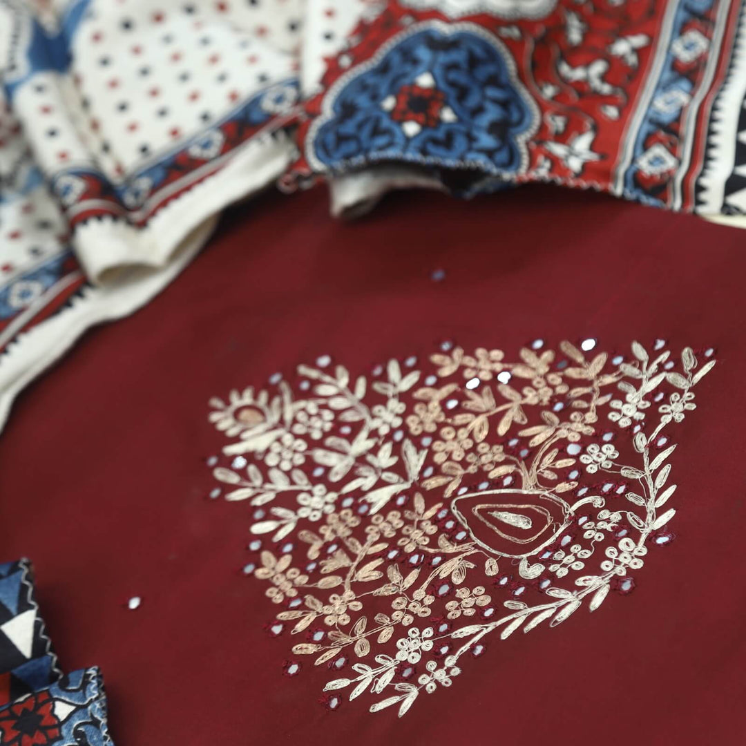 Maasoom Maroon Red Glazed Cotton Top and Mashru Stole Dupatta D1