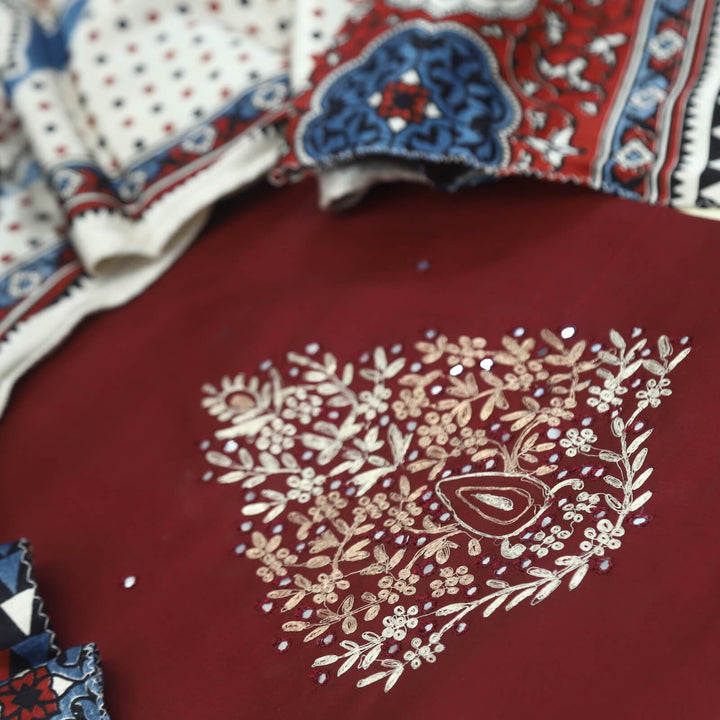 Maasoom Maroon Red Glazed Cotton Top and Mashru Stole Dupatta D1
