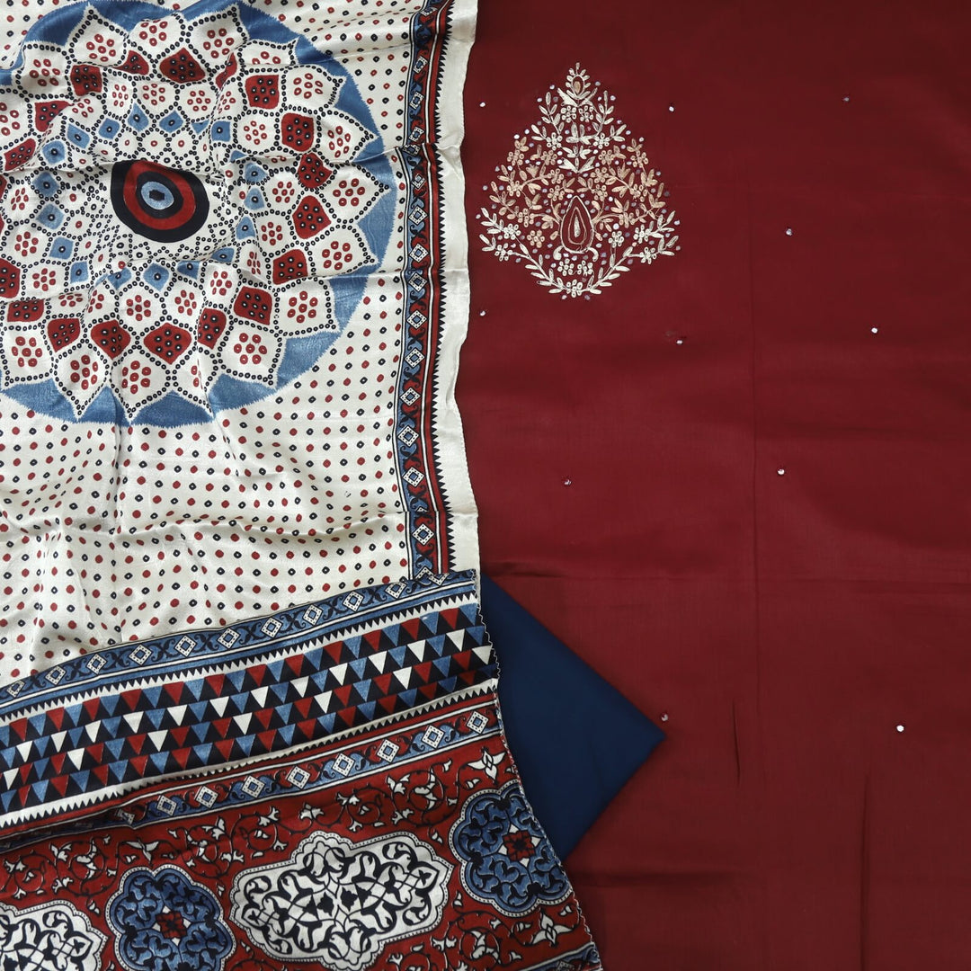 Maasoom Maroon Red Glazed Cotton Top and Mashru Stole Dupatta D1