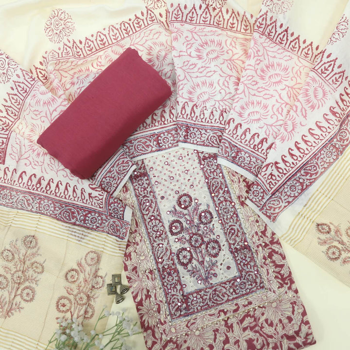Jahaan Magenta Purple Schiffli Neck Work Cotton Slub Top with Printed Cotton Silk Dupatta Set