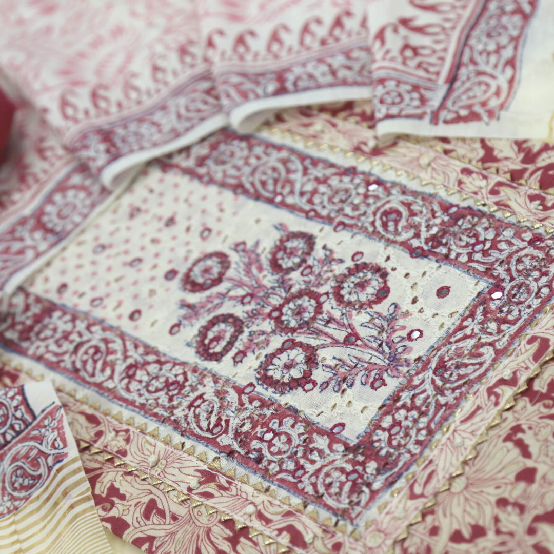 Jahaan Magenta Purple Schiffli Neck Work Cotton Slub Top with Printed Cotton Silk Dupatta Set
