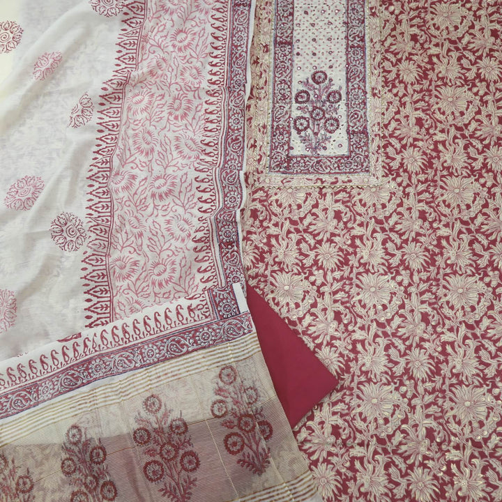 Jahaan Magenta Purple Schiffli Neck Work Cotton Slub Top with Printed Cotton Silk Dupatta Set