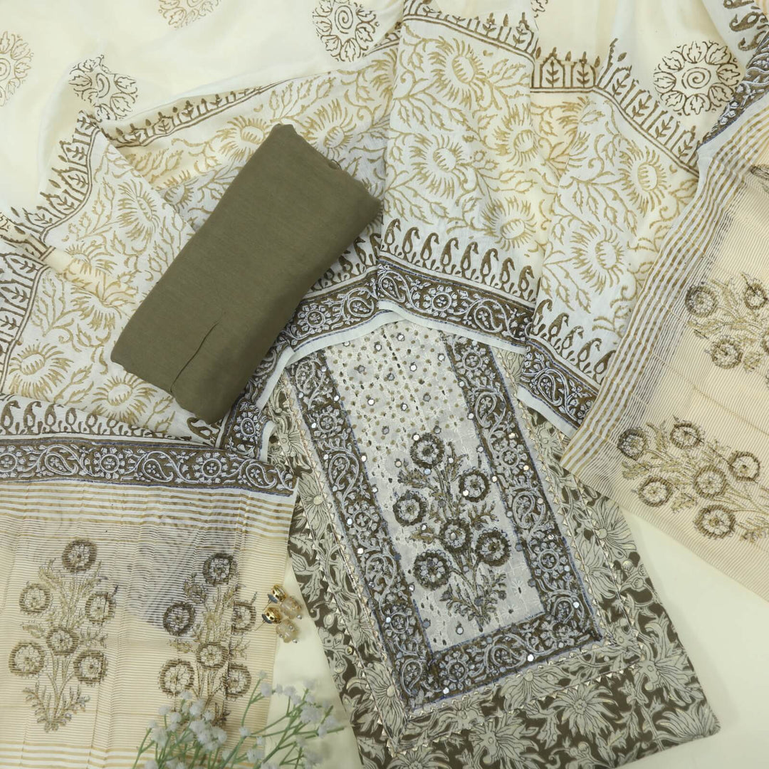Jahaan Wooden Brown Schiffli Neck Work Cotton Slub Top with Printed Cotton Silk Dupatta Set