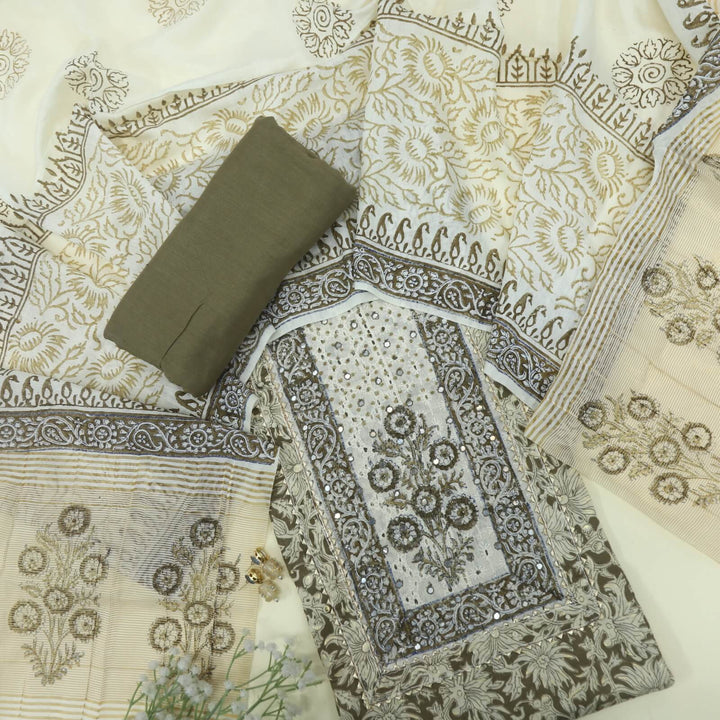 Jahaan Wooden Brown Schiffli Neck Work Cotton Slub Top with Printed Cotton Silk Dupatta Set