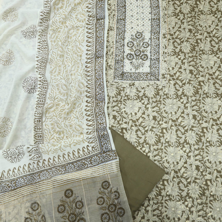Jahaan Wooden Brown Schiffli Neck Work Cotton Slub Top with Printed Cotton Silk Dupatta Set