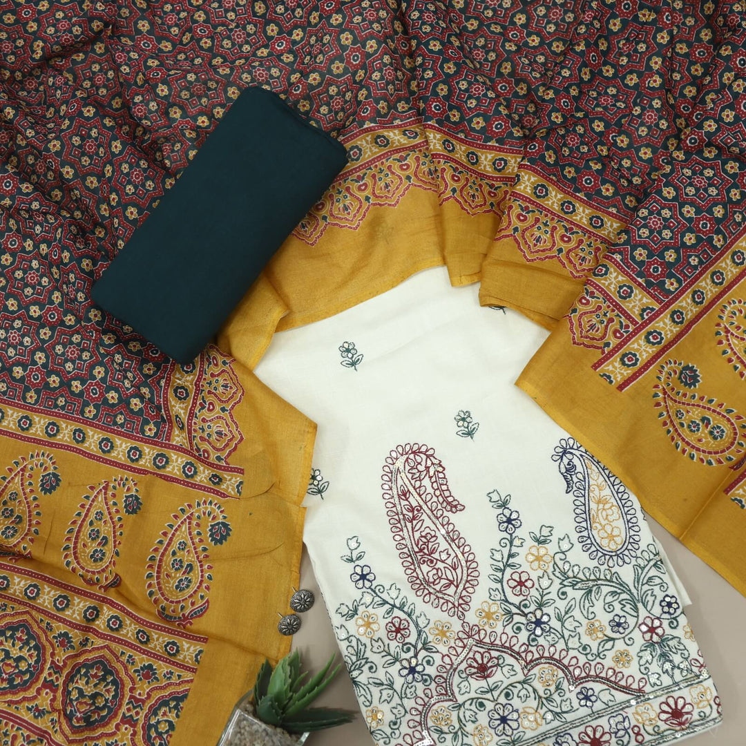 Izhaar Cream Thread Work Rayon Slub Top and Sacramento Green Bottom with Printed Cotton Dupatta Set