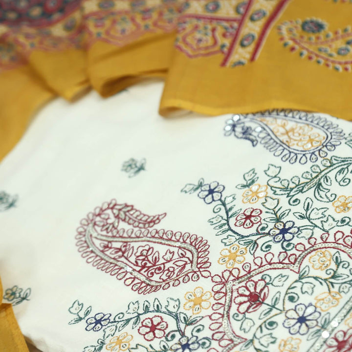Izhaar Cream Thread Work Rayon Slub Top and Sacramento Green Bottom with Printed Cotton Dupatta Set
