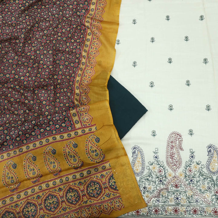 Izhaar Cream Thread Work Rayon Slub Top and Sacramento Green Bottom with Printed Cotton Dupatta Set