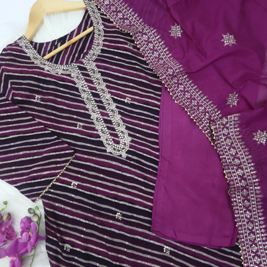 Nawaazish Eggplant Purple Leheriya Muslin Top with Cotton Silk Dupatta 3 Piece Set