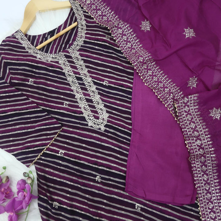 Nawaazish Eggplant Purple Leheriya Muslin Top with Cotton Silk Dupatta 3 Piece Set