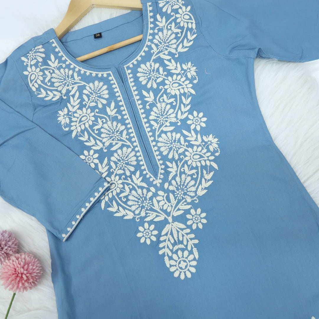 Steel Blue Pink Rayon Chikankari Inspired Work Kurti