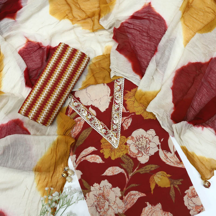 Gulbahar Berry Red V Neck Floral Printed Cotton Top with Chiffon Dupatta Set
