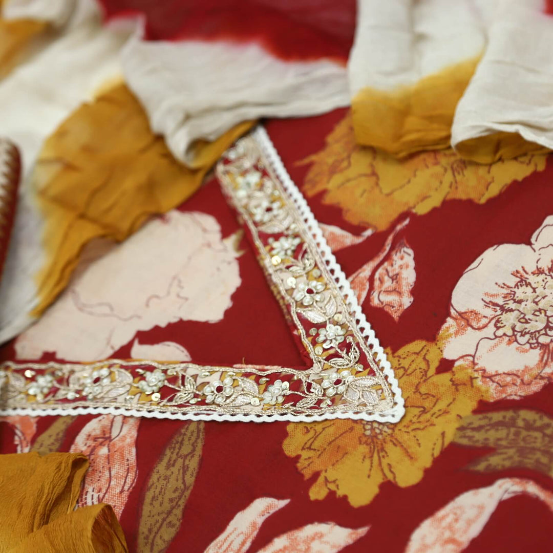 Gulbahar Berry Red V Neck Floral Printed Cotton Top with Chiffon Dupatta Set
