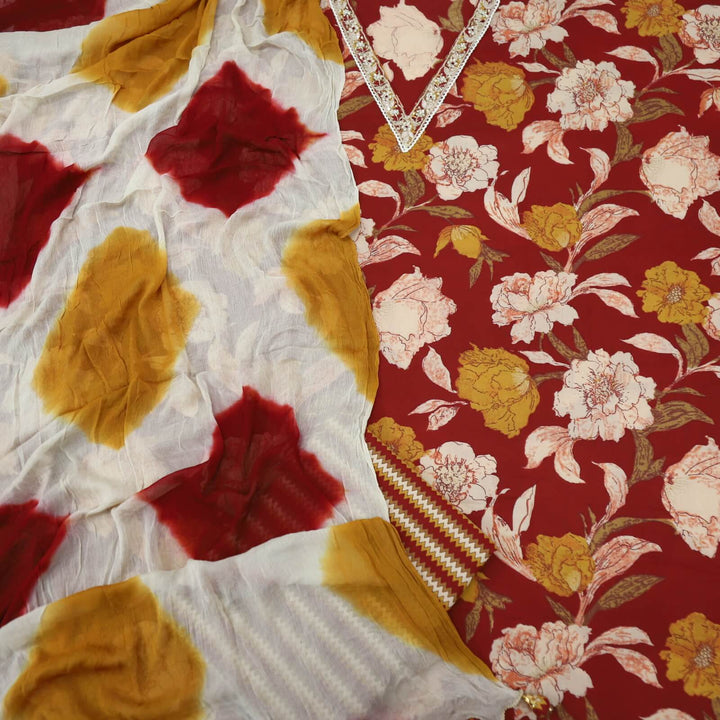 Gulbahar Berry Red V Neck Floral Printed Cotton Top with Chiffon Dupatta Set