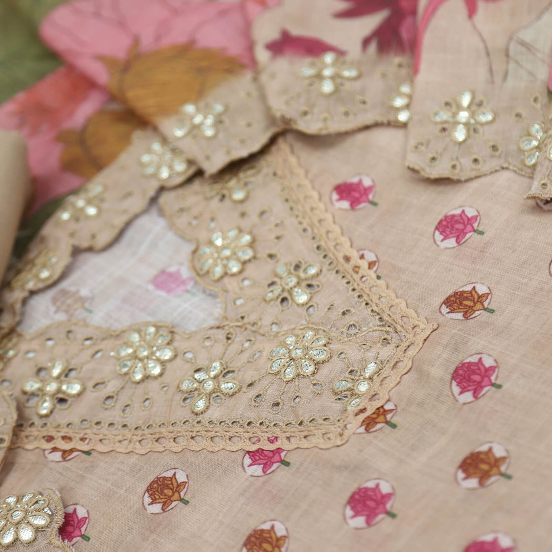 Gulbahar Sand Brown V Neck Floral Cotton Linen Top with Floral Printed Cotton Linen Dupatta Set
