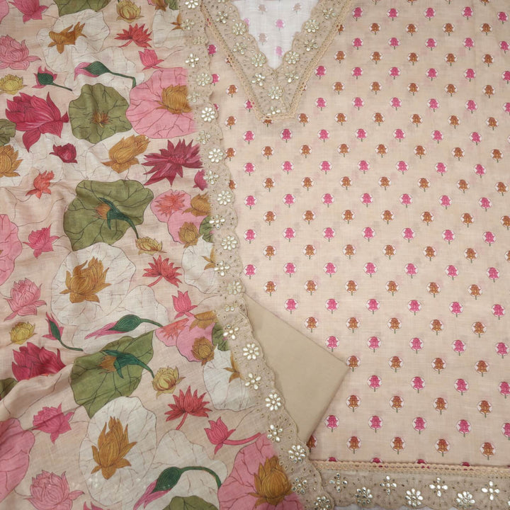 Gulbahar Sand Brown V Neck Floral Cotton Linen Top with Floral Printed Cotton Linen Dupatta Set