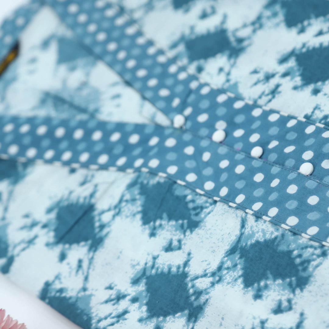 Sapphire Blue Printed with Polka Printed Lace Work Cotton Top