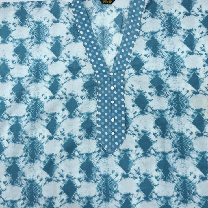 Sapphire Blue Printed with Polka Printed Lace Work Cotton Top