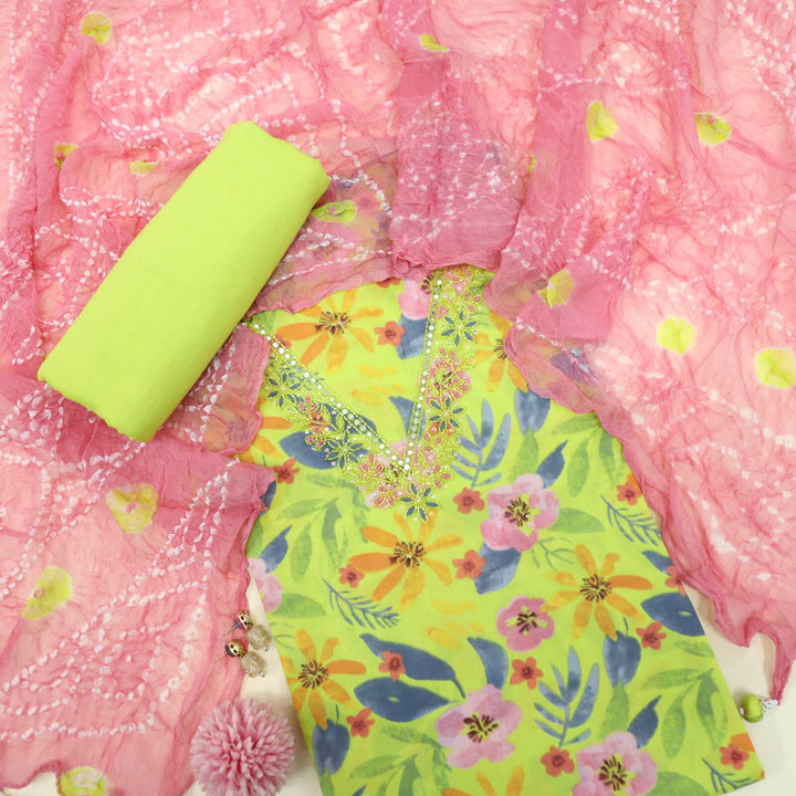 Haseen Neon Green V Neck Floral Printed Cotton Top with Pink Bandhej Chiffon Dupatta Set